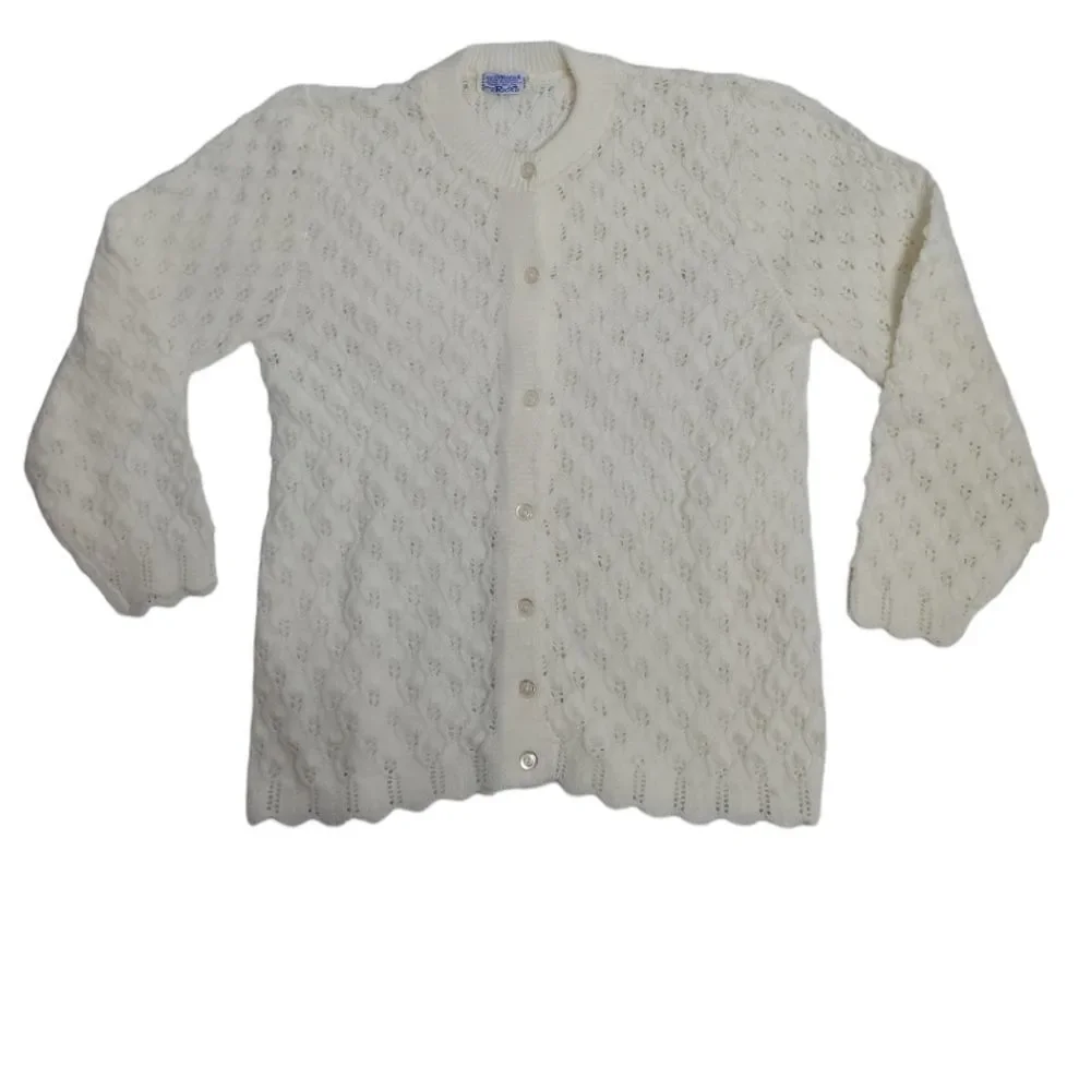 VINTAGE 70s off white cardigan textured‎ button up cottagecore M